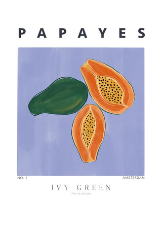 Illustration of whole and sliced papayas on a light purple background, labeled "Papayes - Ivy Green".