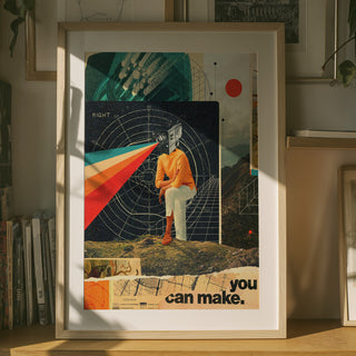 Framed "You Can Make It Right" Frank Moth art print featuring a surreal collage and vibrant geometric patterns.