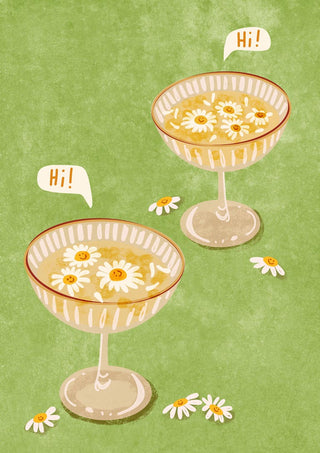 Illustration of two cocktail glasses with daisies saying "Hi!" on a green background.