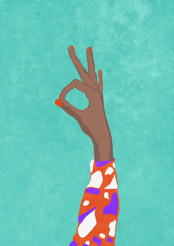 Illustration of a hand making an "OK" gesture, wearing a colorful patterned sleeve on a teal background.