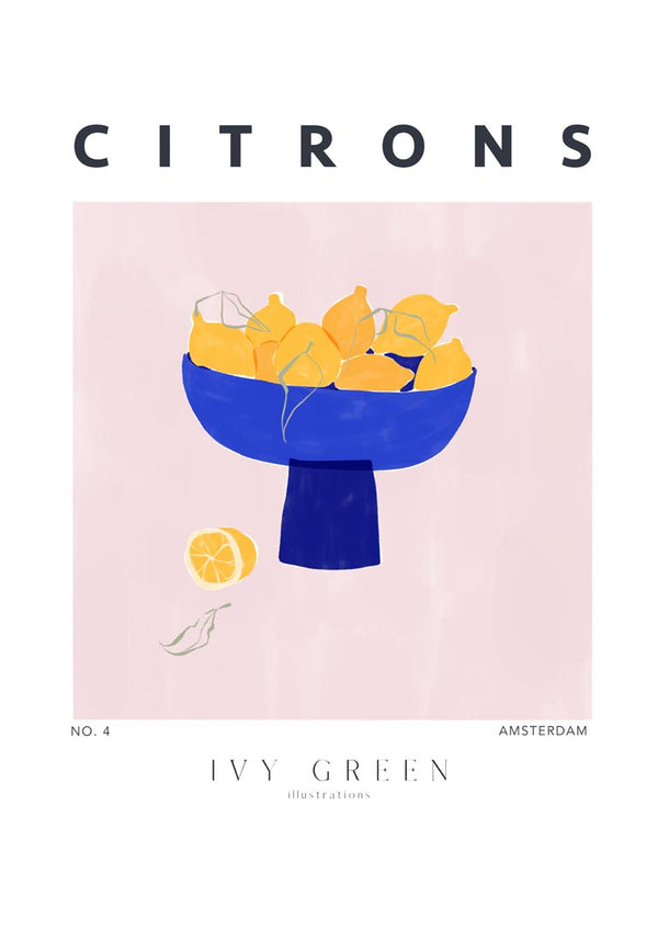 Illustration of lemons in a blue bowl with one sliced lemon, displayed on a Lemons - Ivy Green product page.