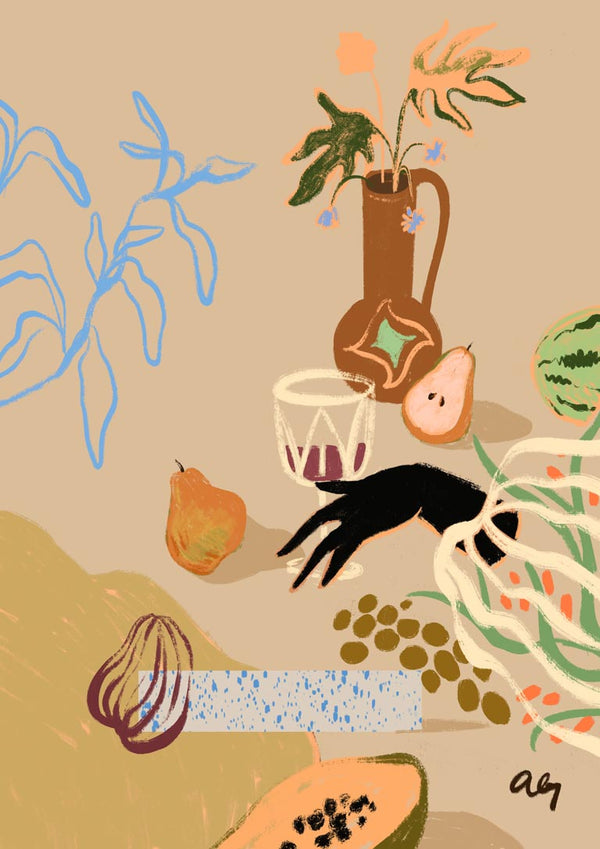 Colorful still life with pears, watermelon, plants, and abstract shapes; artwork by Arty Guava for Pass Me The Pear.