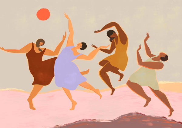 Four abstract figures joyfully dancing under a red sun, featured on the Together - Arty Guava product page.