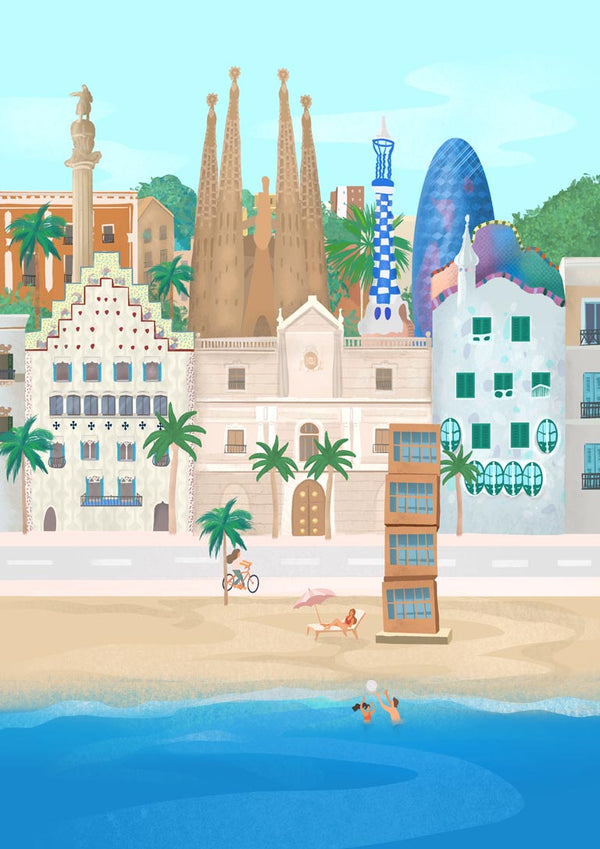 Illustration of Barcelona landmarks and beach, capturing the cityscape for Petra Lizde’s product page.