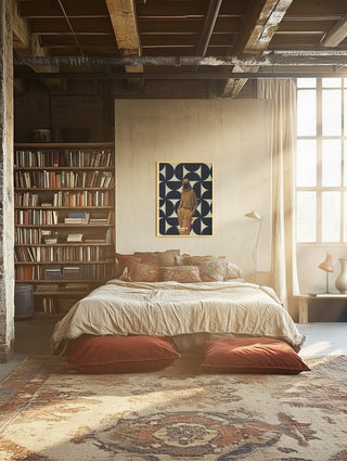 Bedroom with a framed 1978 Annie Collection by Frank Moth artwork above the bed, sunlit and cozy decor.