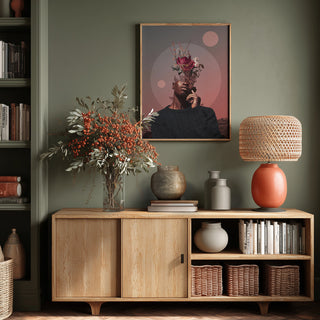 Framed "Pale Memories of Dusk" by Frank Moth hanging above a wooden sideboard in a modern living room.