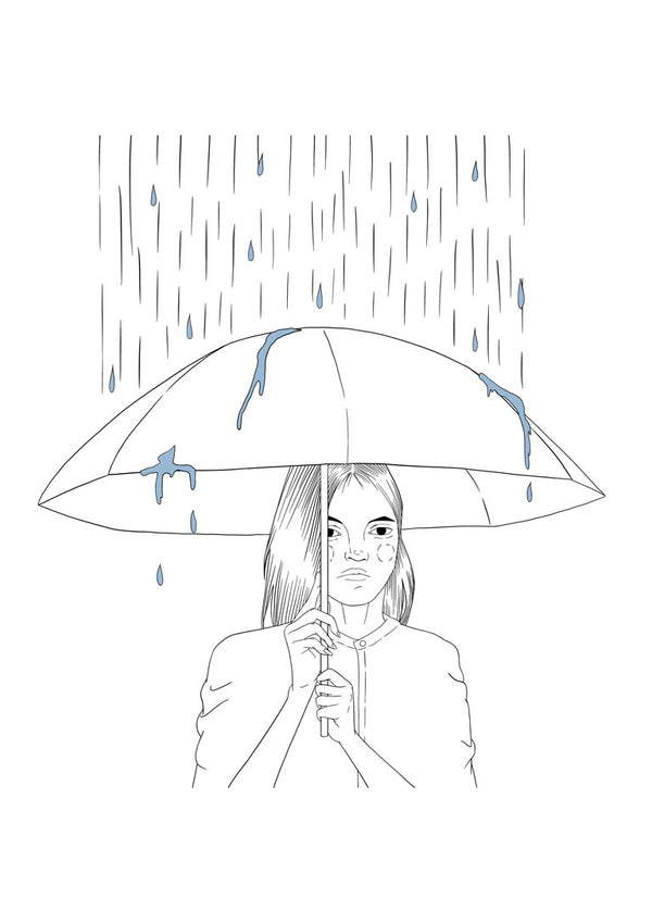 Anxiety poster by Lisen Vennesland with a line art woman holding an umbrella in the rain