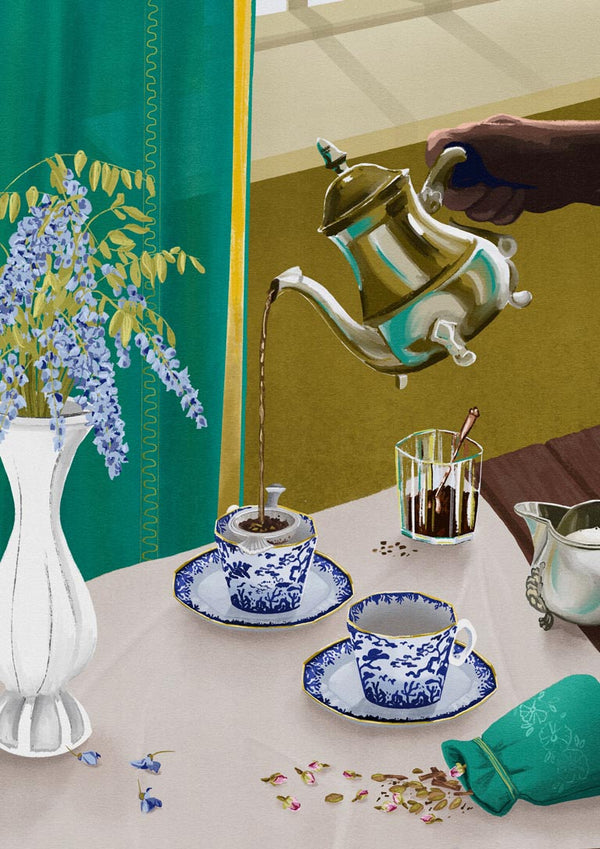 A hand pours tea into blue-patterned cups on a table next to flowers, for I Despise English Tea - Goed Blauw.