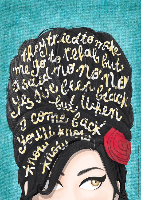 Illustration of a woman's face with song lyrics in her hair, shown on the Rehab - Nour Tohme product page.