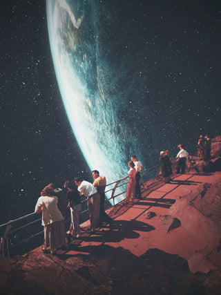 People stand on a rocky ledge gazing at Earth from space, artwork for Missing the Ones We Left Behind by Frank Moth.