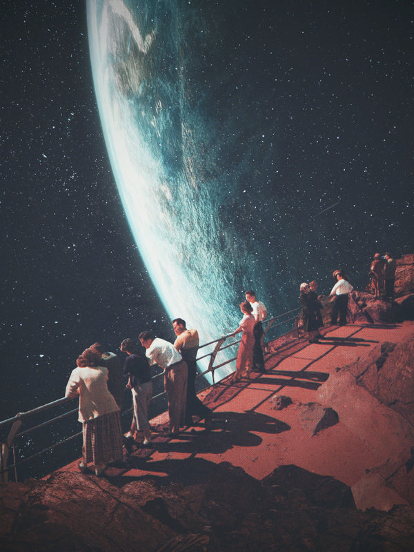 People stand on a rocky ledge gazing at Earth from space, artwork for Missing the Ones We Left Behind by Frank Moth.