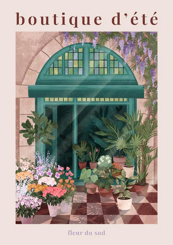 Illustration of a French flower shop entrance with lush plants and colorful flowers, labeled "boutique d'été".