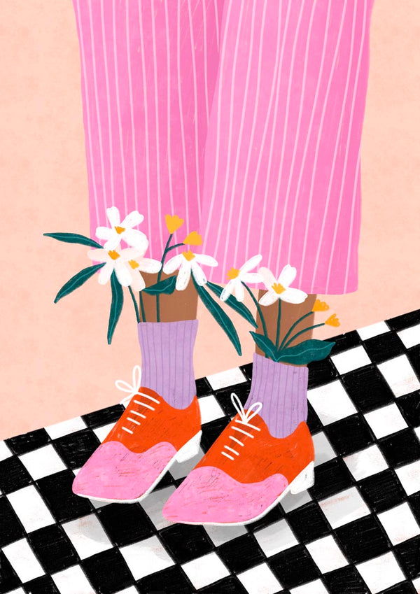 Illustration of pink pants, purple socks, orange shoes with white flowers blooming from them on a checkered floor.