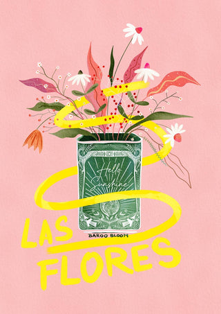 Las Flores Baroo Bloom packaging with illustrated flowers, a playing card, and bold yellow text on a pink background.