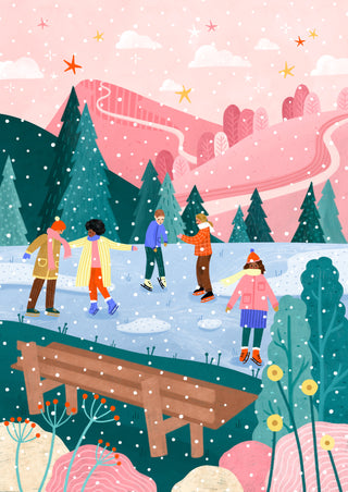 Winter Skating Friends by Bea Müller – friends ice skating on a frozen pond beneath pink snowy hills