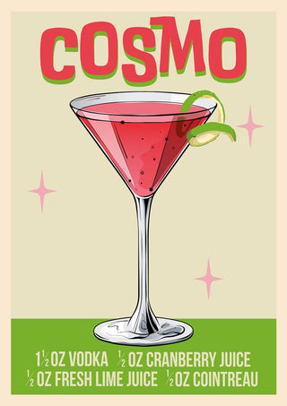 Illustration of a Cosmo cocktail in a martini glass with recipe ingredients listed below on a colorful wallchart.