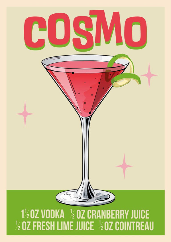 Illustration of a Cosmo cocktail in a martini glass with recipe ingredients listed below on a colorful wallchart.