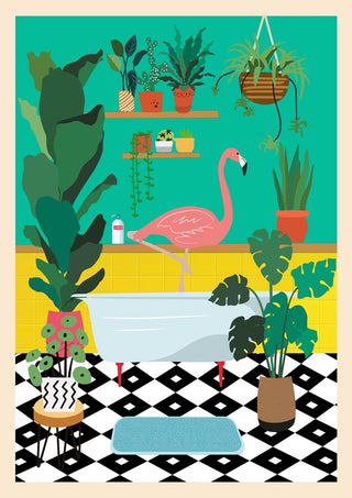 Illustrated wallchart of a flamingo at a bathtub, surrounded by lush houseplants in a colorful bathroom.