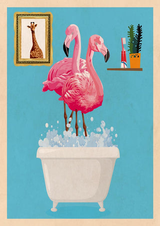 Two flamingos standing in a bubbly white bathtub, with plants and giraffe art on a blue wall.