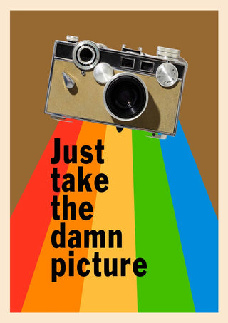 Poster with a vintage camera and rainbow beams, text reads "Just take the damn picture" on product wallchart.