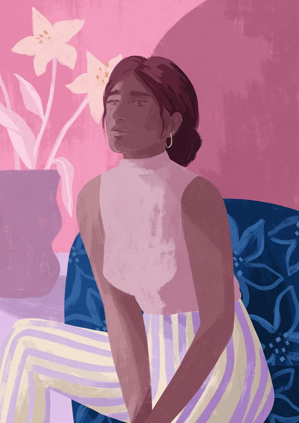 Illustration of a woman in striped pants sitting by flowers, featured for Daydreaming - Goed Blauw.
