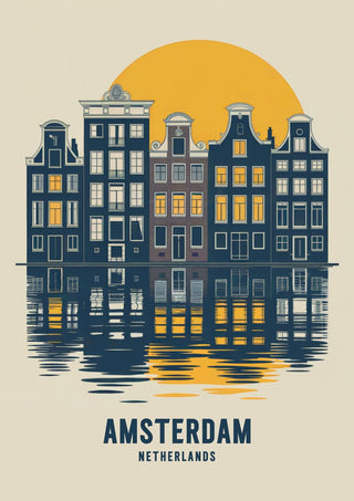 Illustration of Amsterdam canal houses at sunset with reflections on water, featured on the Andreas Magnusson product page.