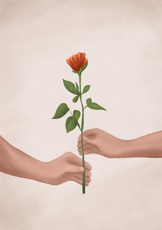 One hand giving a single red rose to another, symbolizing gifting and affection for "A Rose for You" product.