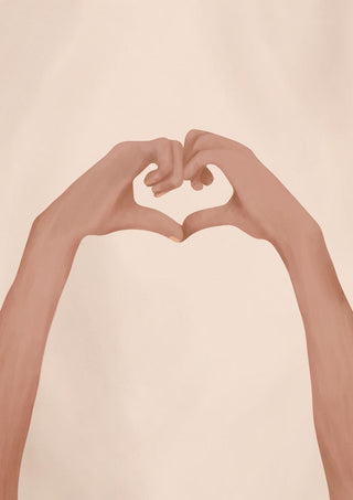 Two hands forming a heart shape on a soft beige background.