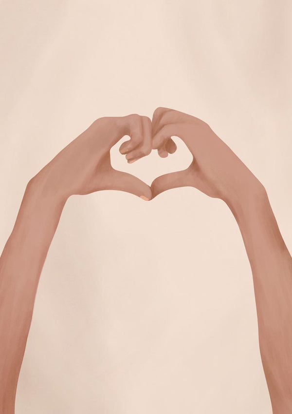 Two hands forming a heart shape on a soft beige background.
