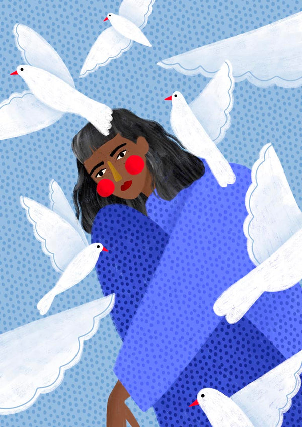 Illustration of a person in blue with white birds flying around and perching on them against a dotted background.