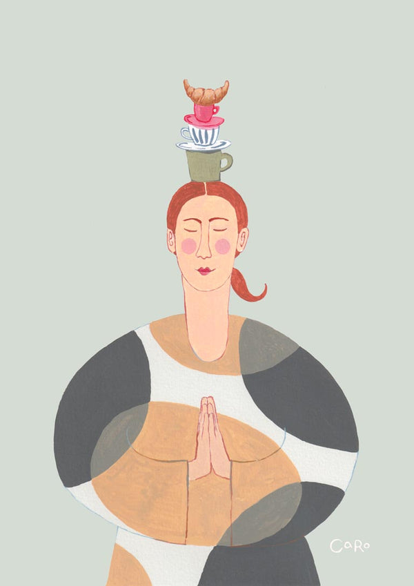 Illustration of a calm woman meditating with tea and a pastry balanced on her head, symbolizing harmony.