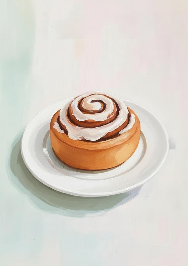 A freshly baked cinnamon roll with icing on top, served on a white plate.