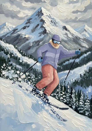 Person skiing downhill on snowy mountain with pine trees and peaks in the background, perfect for snow adventures.