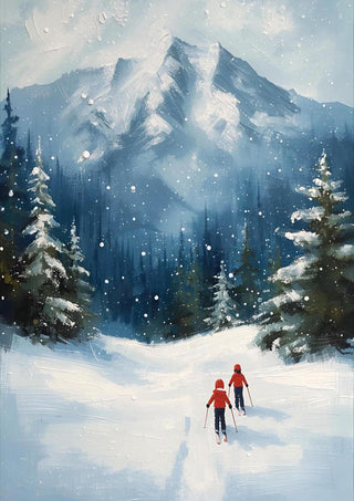 Two kids skiing down a snowy trail with pine trees and mountains in the background.