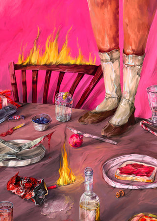 Surreal Burning Table by Natascha Baumgärtner – legs on a breakfast table with flames and a bloody knife