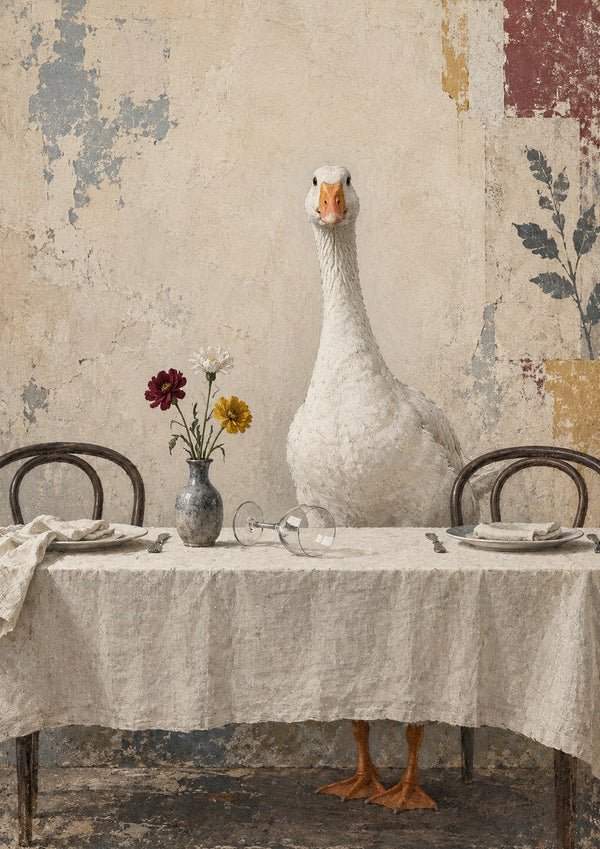 The Uninvited Guest by Matthews Gallerie — a white goose standing at a laid dining table with flowers and a toppled wine glass