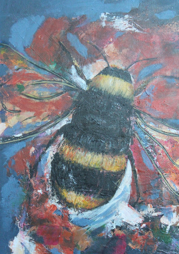 Bumblebee by Ritta Henriques Jorge - a black and yellow bumblebee on a coral red flower against dusty blue