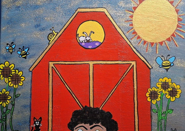 Innocence by Naïve Art by YLR - a red barn with rabbits in the loft among sunflowers, bees and a gold sun