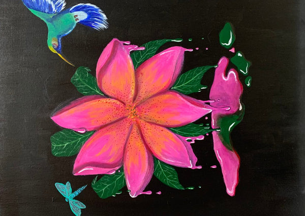 Flora e Fauna by KG Studio - a pink frangipani on black with a hummingbird, a dragonfly and running paint