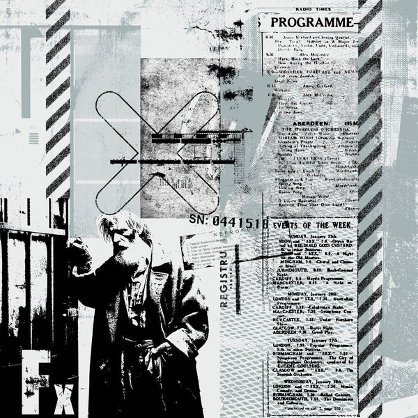 Events of the Week by Dada - a radio listings column, hazard stripes and a cut-out man kept in greys