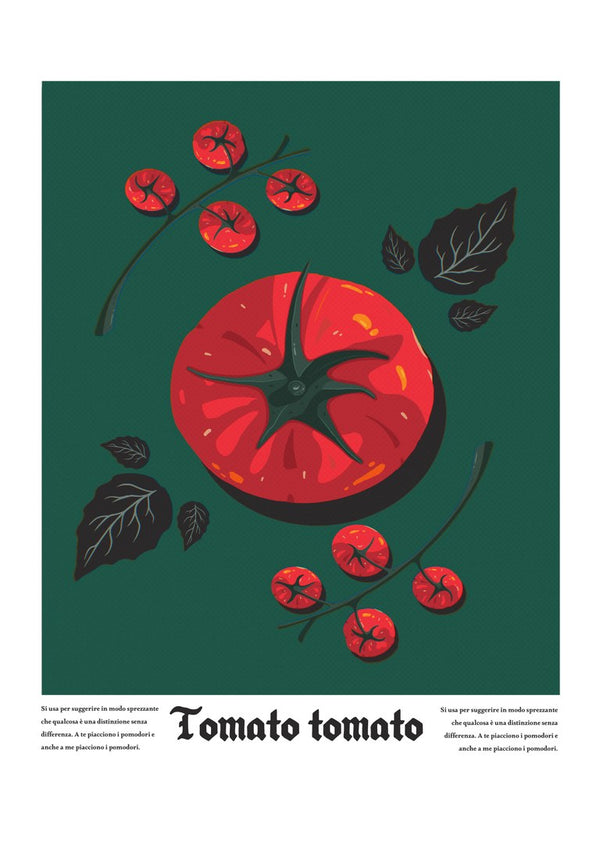 Tomato Tomato by Jakob Falkenberg - halved red tomato and cherry tomatoes on a deep green background