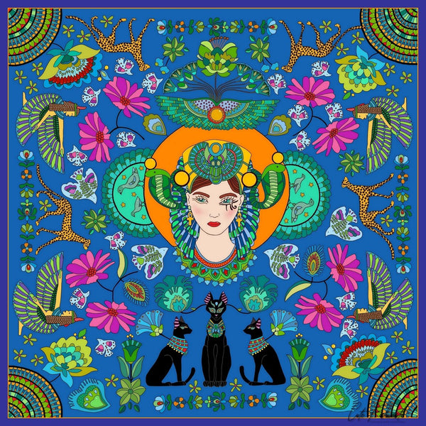 Hatchepsout by Lucrezia Solena - Egyptian queen with a scarab headdress above three black cats on deep blue