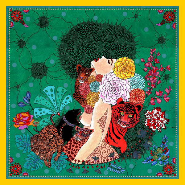 Miss Baghera by Lucrezia Solena - woman crowned with dahlias surrounded by leopards, a panther and a tiger on green