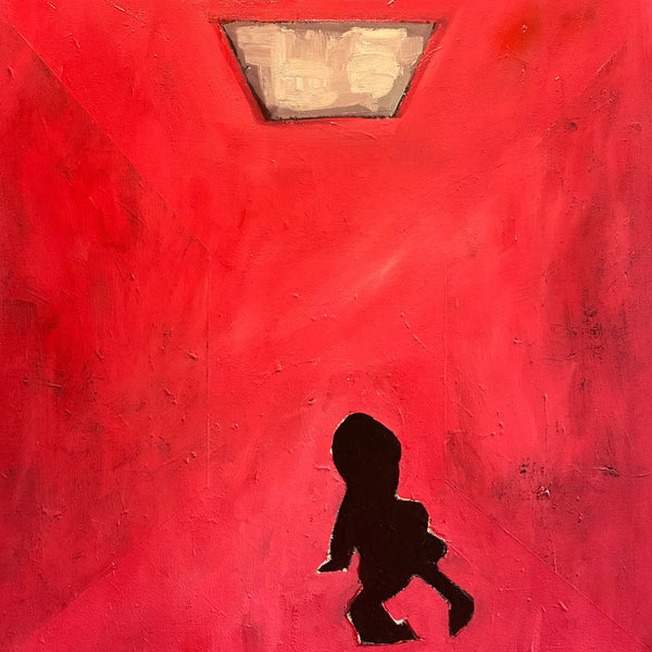 Out there, a softer sky by Nectarios Livisianos - small figure in a red room under a cloudy skylight