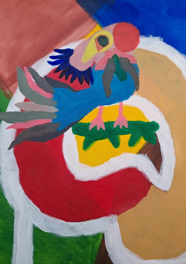 Befriad fågel by Hampus Nerén - blue bird with pink head in a red outlined form