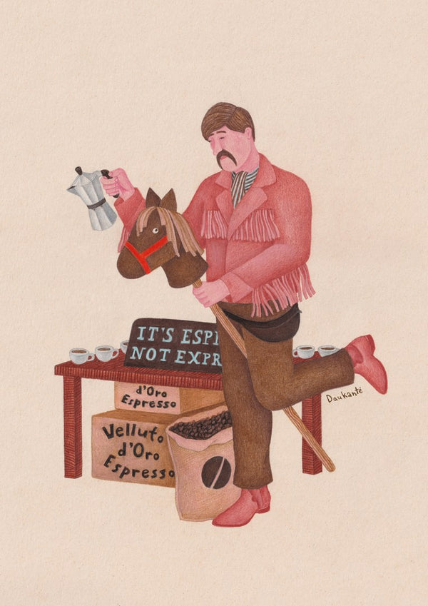 Coffee side hustle by Daukantė - man on a hobby horse holding up a moka pot