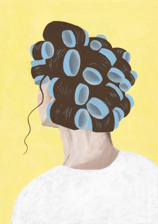 Different solution by Jaron Su - head of dark hair in blue curlers on yellow