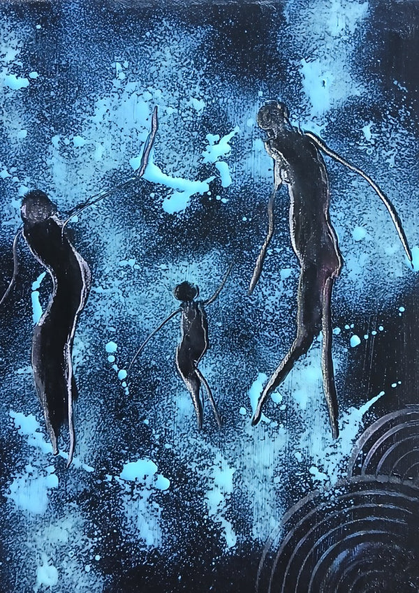 Three Figures in Blue by luco art - three drawn figures suspended in a deep blue field
