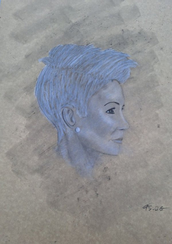 Portrait in Blue by Allheartsportraits - woman in profile drawn in pale blue chalk on grey card