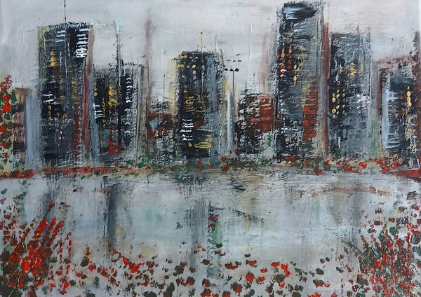 City Across the Water by luco art - grey and rust city skyline reflected in pale water with red flecks along the banks